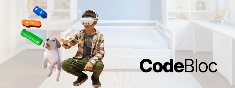CodeBloc: a person in a VR headset crouching beside a dog, with floating colored code blocks