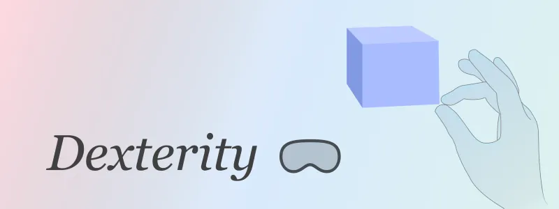 Dexterity, a hands-first XR 3D authoring tool: illustrated hands pinching a floating cube